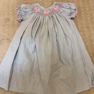 Petit Bebe grey checked Dress with smocked Pink elephants
